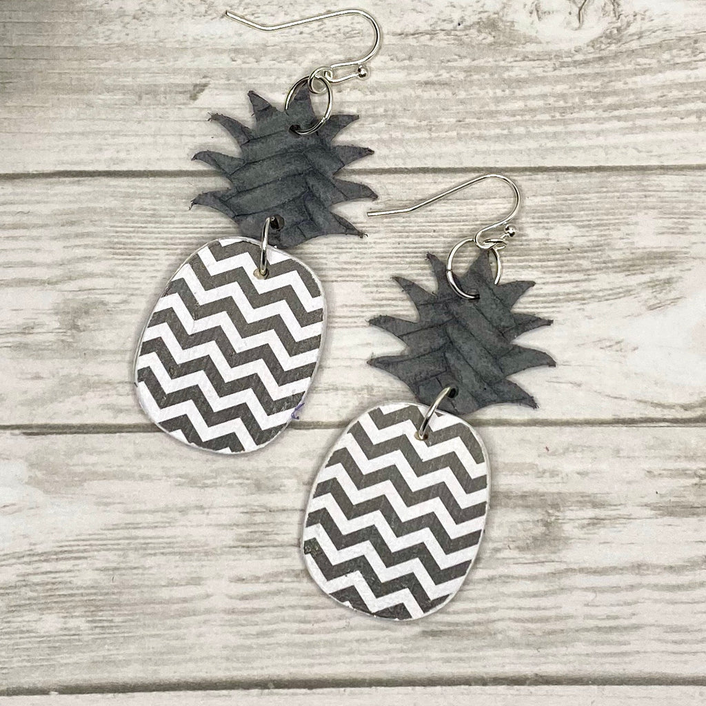 Gray and White Chevron Pineapple Earrings