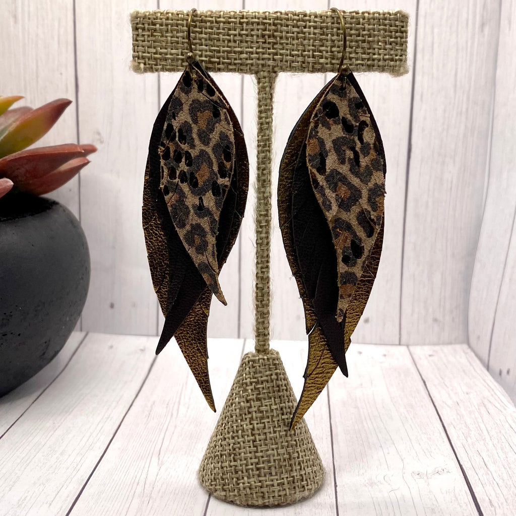 Genuine Leather Cheetah Feather Earrings