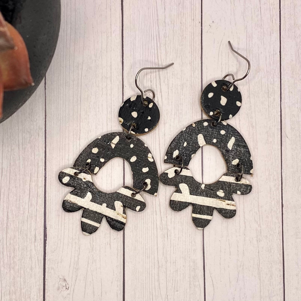 Black and White Flower Arch Leather Earrings