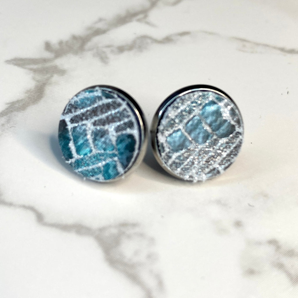 Blue and Gray Chevron Leather Stud Earrings