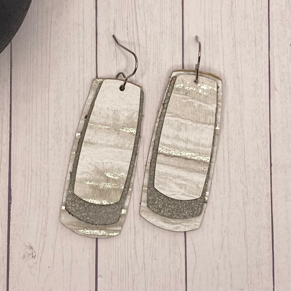 Triple Rectangle White and Silver Genuine Leather Earrings