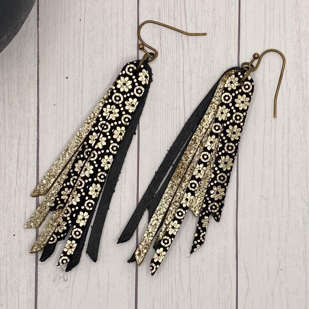 2.75” Genuine Leather Black and Gold Fringe Earrings