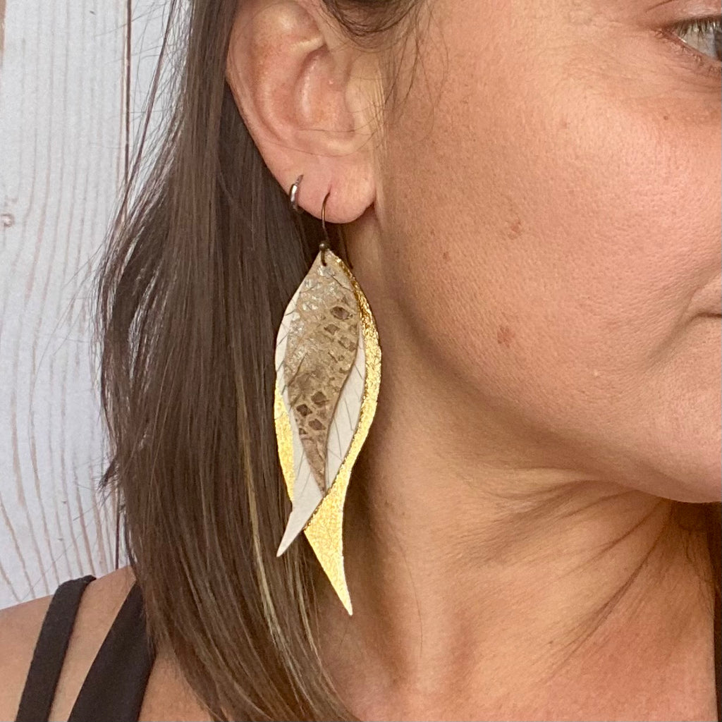 Genuine Leather Gold Snake Feather Earrings