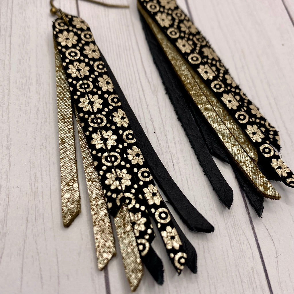 2.75” Genuine Leather Black and Gold Fringe Earrings