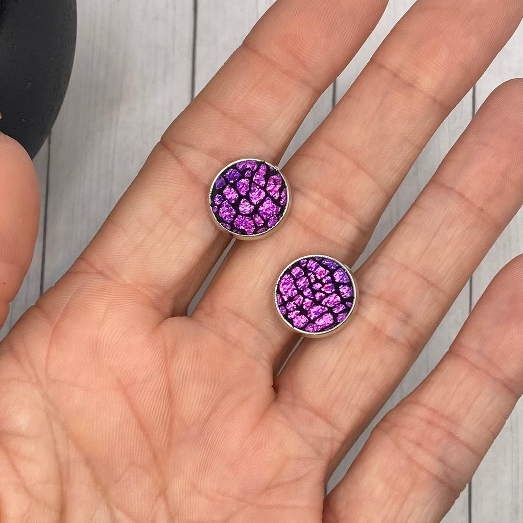 Pink and Black Crackle Leather Stud Earrings