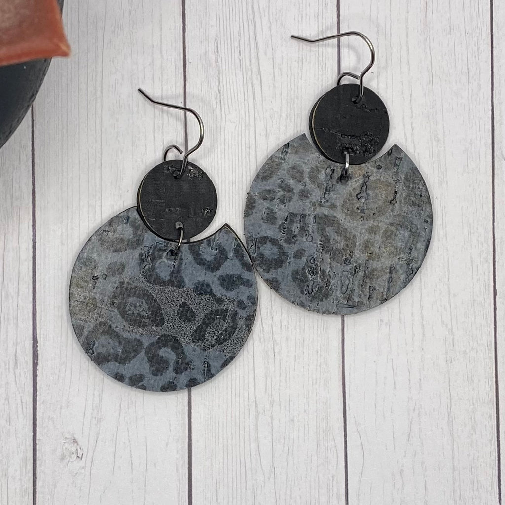 Black and Gray Animal Print Leather Earrings