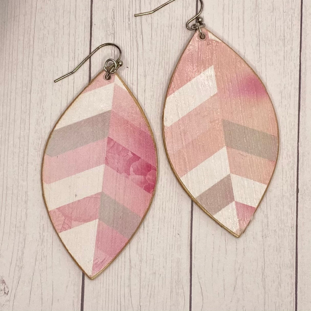 Pink Chevron Leaf Wood Earrings