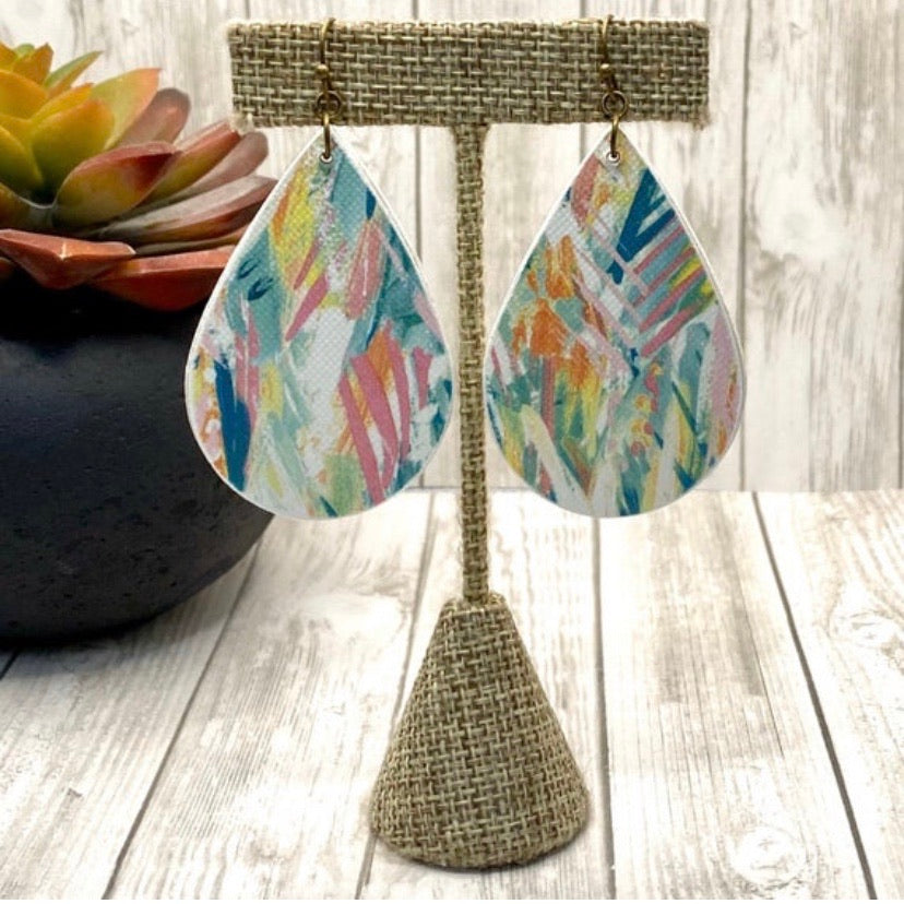 Aqua and Pink Watercolor Feather Wood Earrings