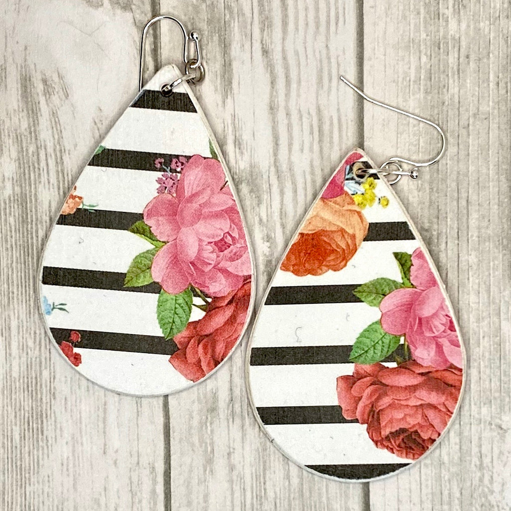 Striped and Floral Wood Earrings