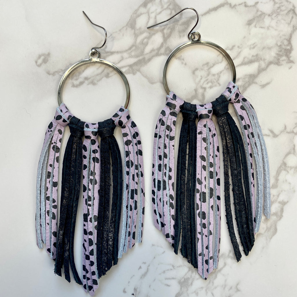 Black and Purple  Leather Fringe Hoop Earrings
