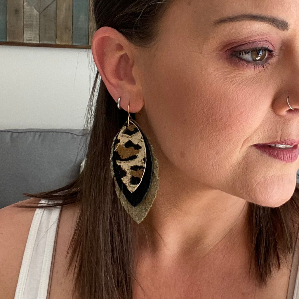 Animal Print Black and Gold Large Leather Feather Earrings