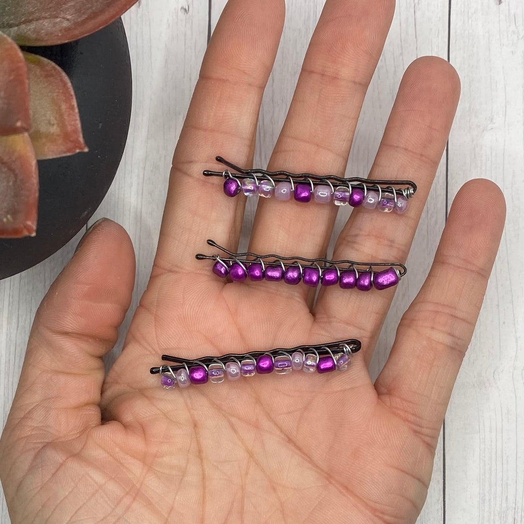 3pc Purple Beaded Bobby Pin Set